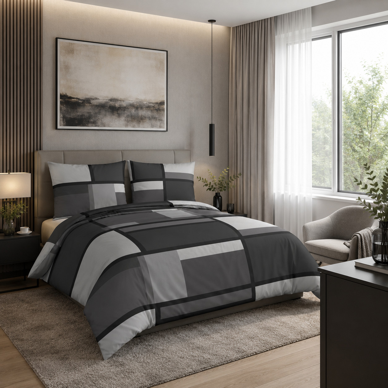 Povle�en� LOOKS by Wolfgang Joop - Grafitov� Geometrie - Mako Bavln�n� Sat�n - M�stsk� Elegance