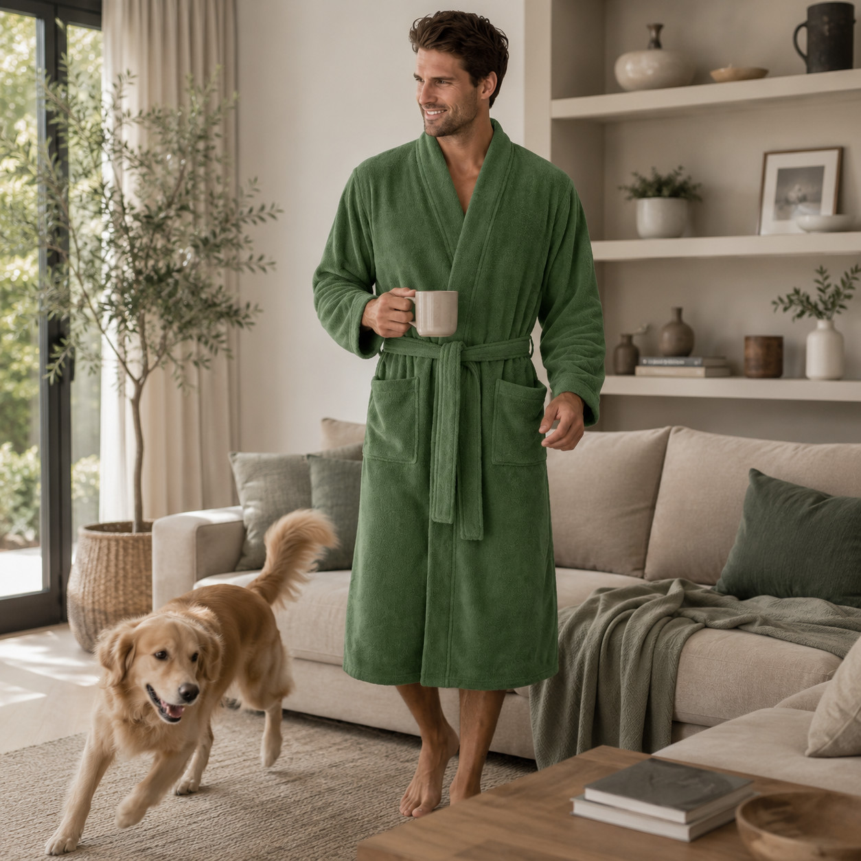 P�nsk� Wellness �upan Kimono - Federico - Zelen� - 100% Bavlna - Frot� Velur